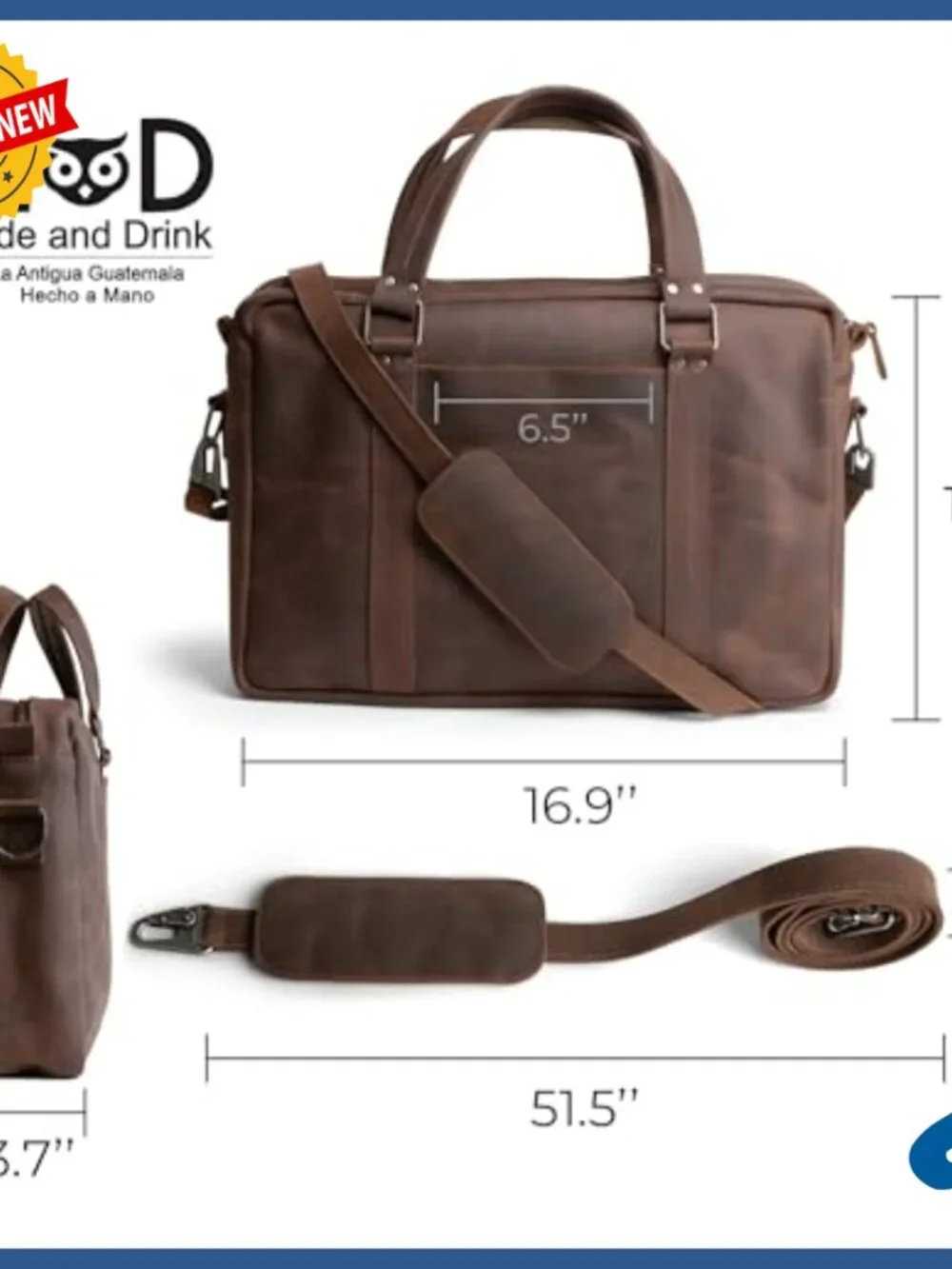 Full Grain Leather Laptop Briefcase with Shoulder Strap for Work